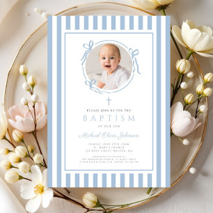 Elegant Baby Blue Bow Photo Boy Baptism Invitation