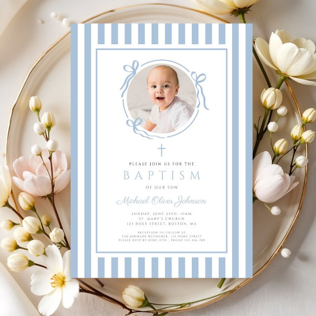 Elegant Baby Blue Bow Photo Boy Baptism Invitation (Elegant Baby Blue Bow Photo Boy Baptism Invitation)