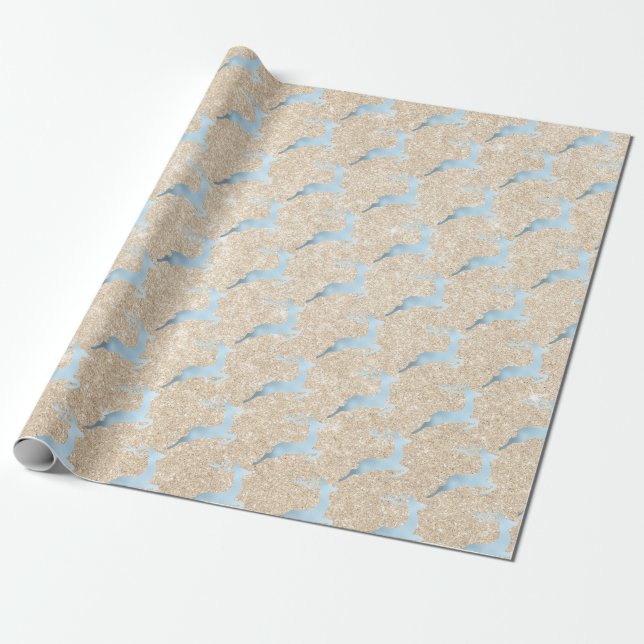 Elegant baby blue Christmas reindeer pattern Wrapping Paper (Unrolled)