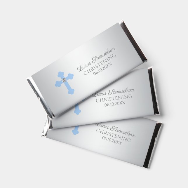 Elegant Baby Blue Cross Baptism/Christening Boy Hershey Bar Favors (Front)