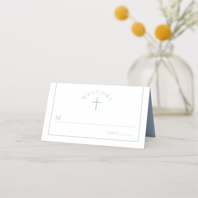 Elegant Baby Blue Cross Boy Baptism Place Card (Front)