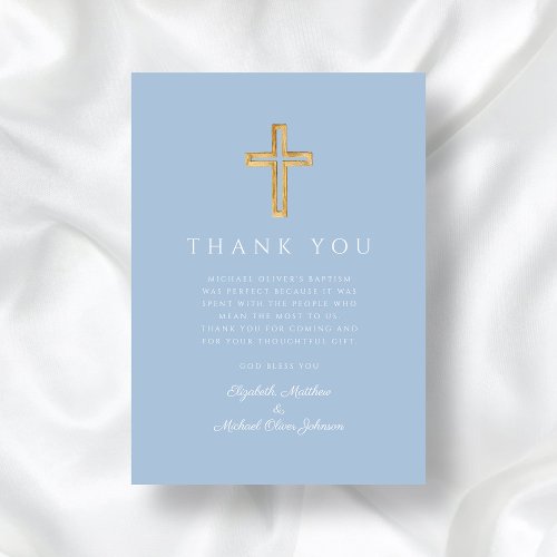 Elegant Baby Blue Cross Boy Baptism Thank You Card