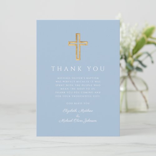 Elegant Baby Blue Cross Boy Baptism Thank You Card