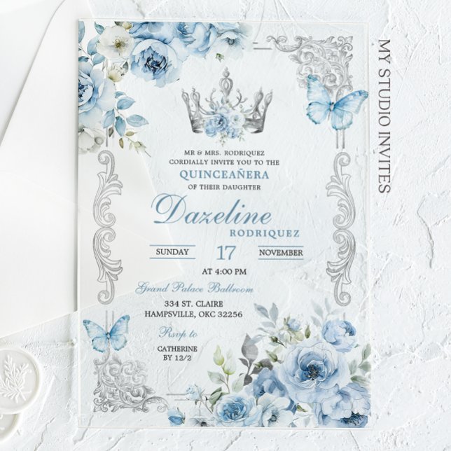 Elegant Baby Blue Crown Quinceanera Acrylic Invitations (Creator Uploaded)