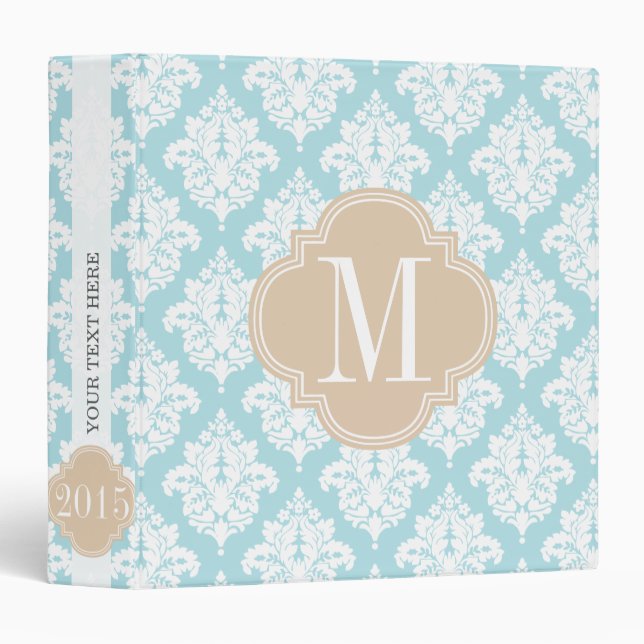 Elegant Baby Blue Damask Personalized 3 Ring Binder (Front/Spine)