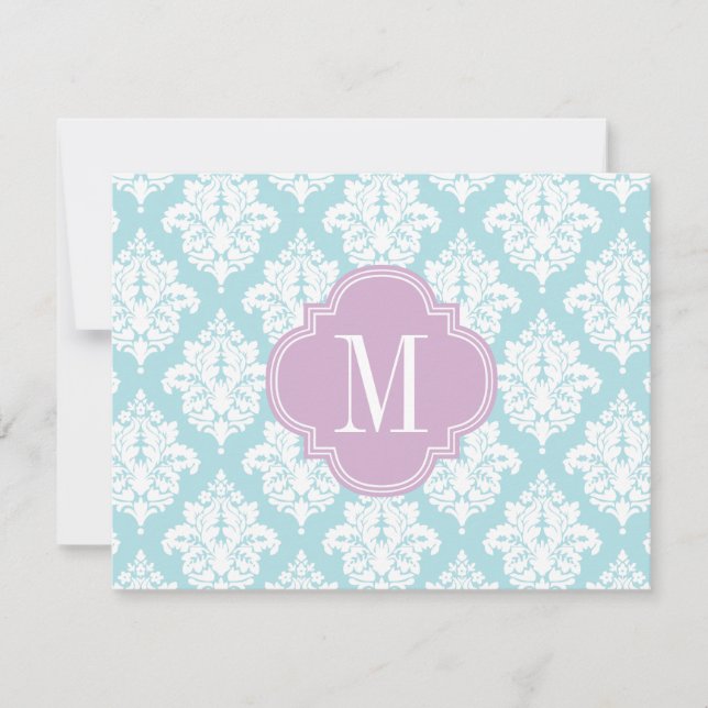 Elegant Baby Blue Damask Personalized Note Card (Front)