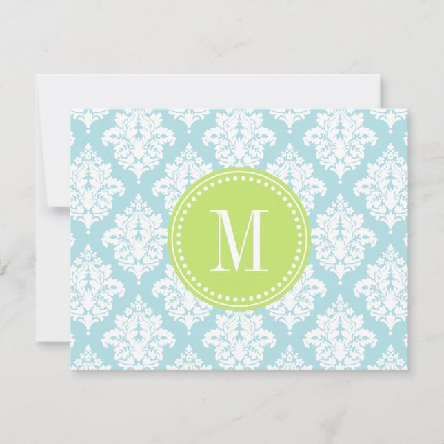 Elegant Baby Blue Damask Personalized Note Card (Front)
