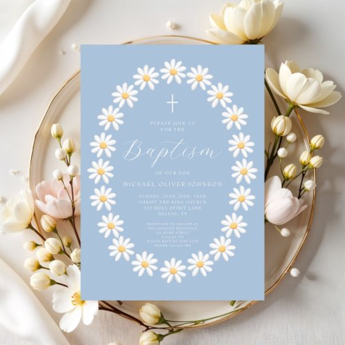 Elegant Baby Blue Floral Boy Baptism Invitation