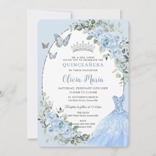 Elegant Baby Blue Floral Dress Silver Quinceaera Invitation