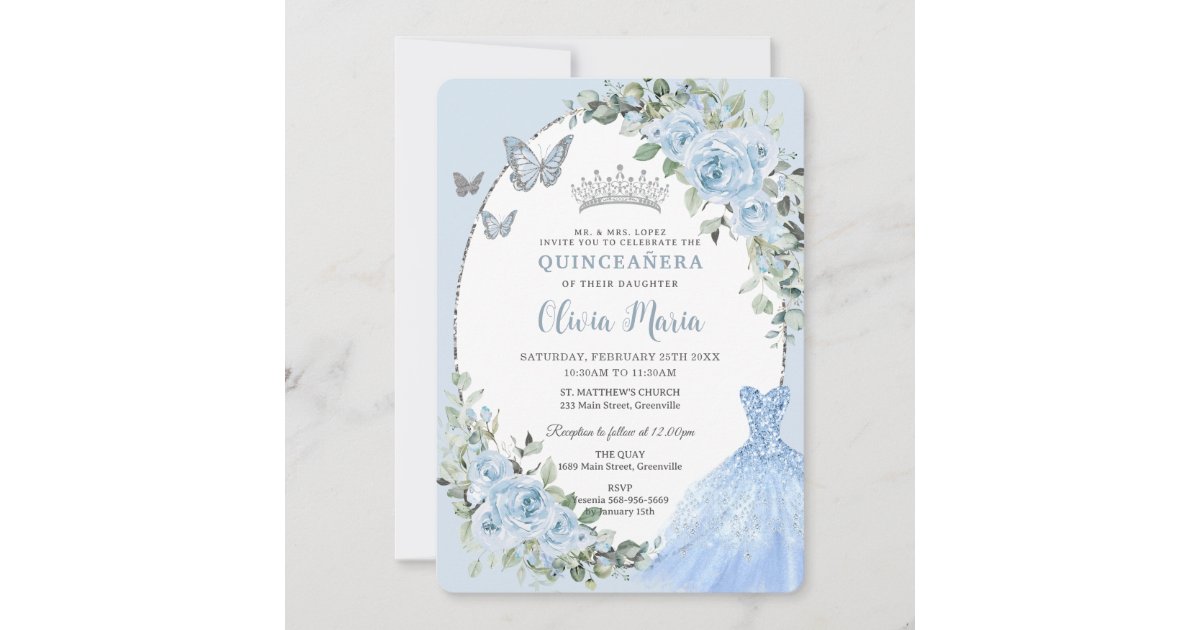 Elegant Baby Blue Floral Dress Silver Quinceañera Invitation