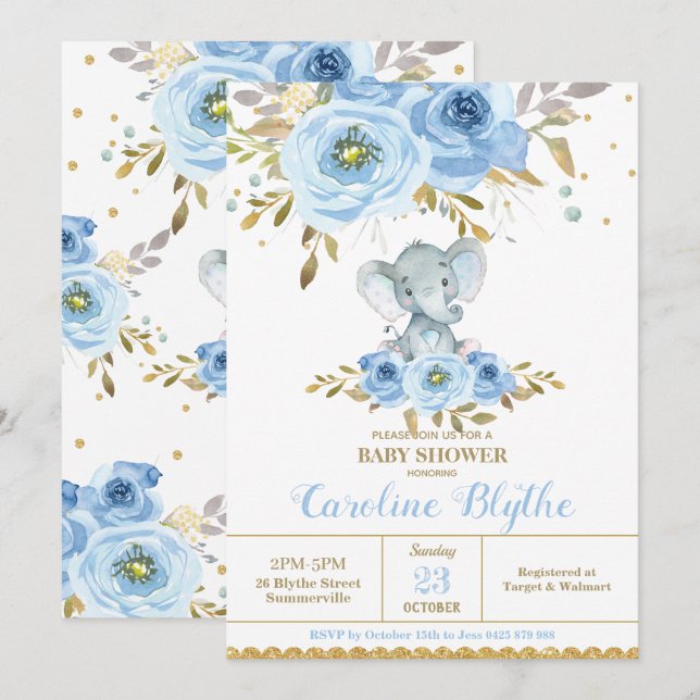 Elegant Baby Blue Floral Elephant Boy Baby Shower Invitation (Front/Back)