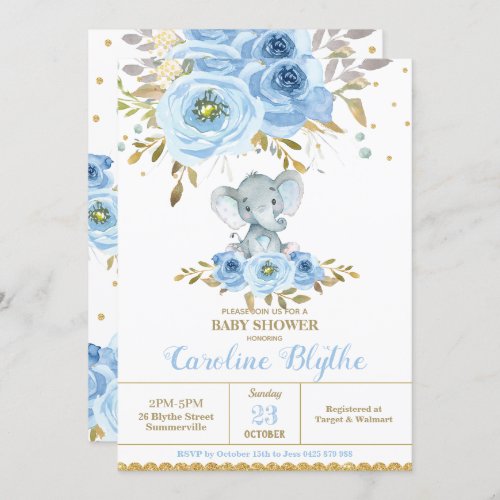 Elegant Baby Blue Floral Elephant Boy Baby Shower Invitation