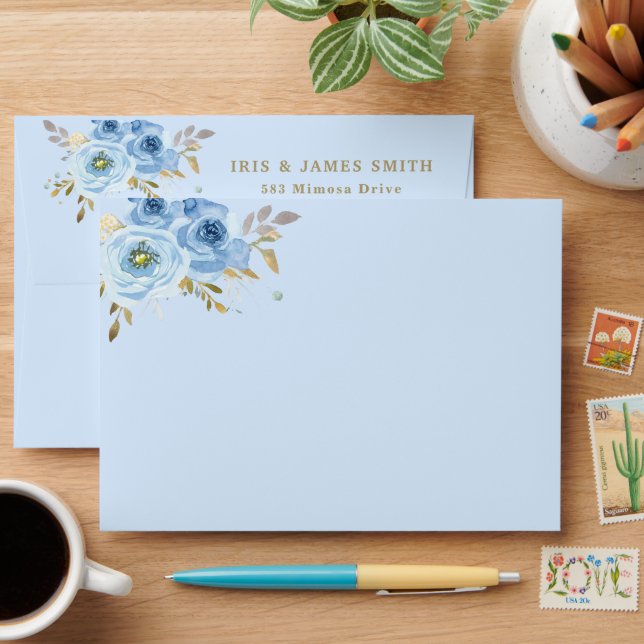 Elegant Baby Blue Floral Flowers Gold Foliage A7 Envelope (Desk)