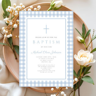 Elegant Baby Blue Gingham Boy Baptism Invitation