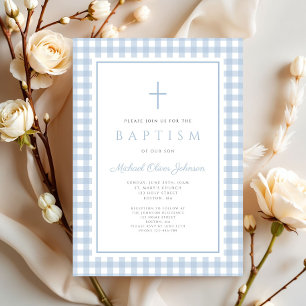 Elegant Baby Blue Gingham Boy Baptism Invitation