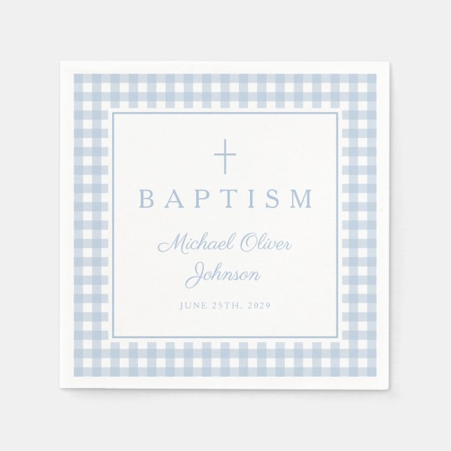 Elegant Baby Blue Gingham Boy Baptism Napkins (Front)