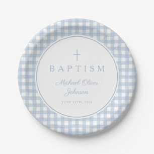 Elegant Baby Blue Gingham Boy Baptism Paper Plates