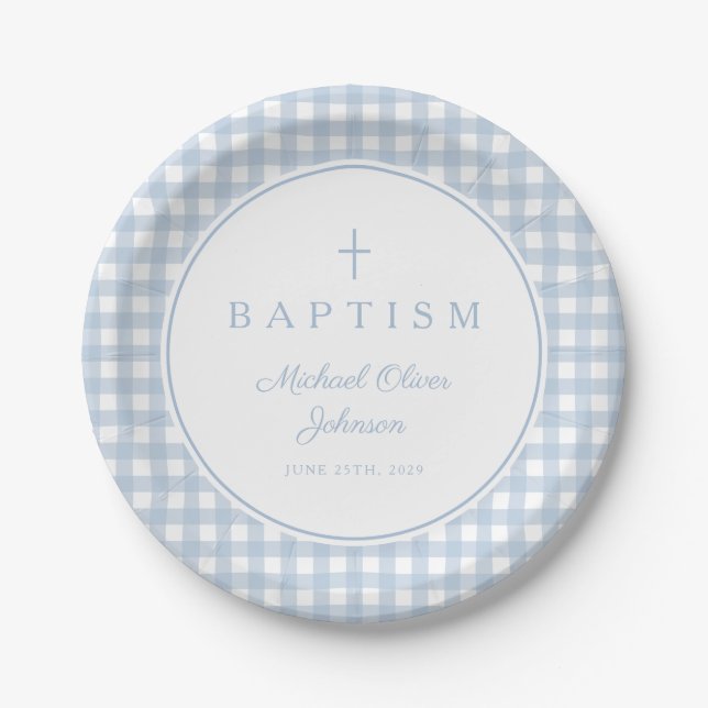 Elegant Baby Blue Gingham Boy Baptism Paper Plates (Front)