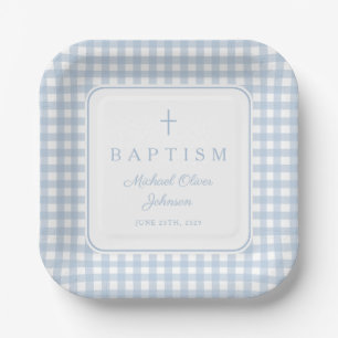 Elegant Baby Blue Gingham Boy Baptism Paper Plates