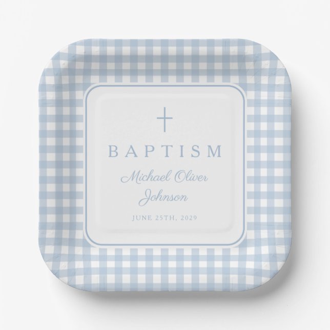 Elegant Baby Blue Gingham Boy Baptism Paper Plates (Front)