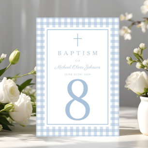 Elegant Baby Blue Gingham Boy Baptism Table Number