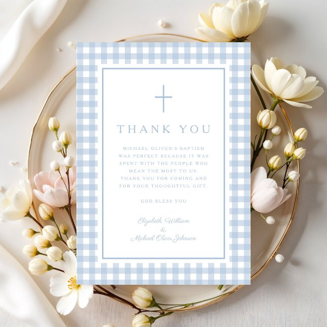 Elegant Baby Blue Gingham Boy Baptism Thank You Card (Elegant Baby Blue Gingham Boy Baptism Thank You Card)