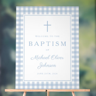 Elegant Baby Blue Gingham Boy Baptism Welcome Acrylic Sign