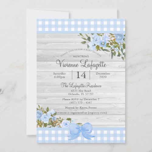 Elegant Baby Blue Gingham Floral Baby Shower Invitation