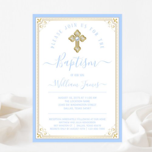 Elegant Baby Blue Gold Boy Baptism Invitation