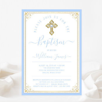 Elegant Baby Blue Gold Boy Baptism Invitation by The_Baby_Boutique at Zazzle
