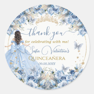 Elegant Baby Blue Gold Quinceañera Princess Bow Classic Round Sticker