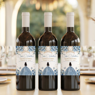 Elegant Baby Blue Gold Quinceanera Princess Tiara Wine Label