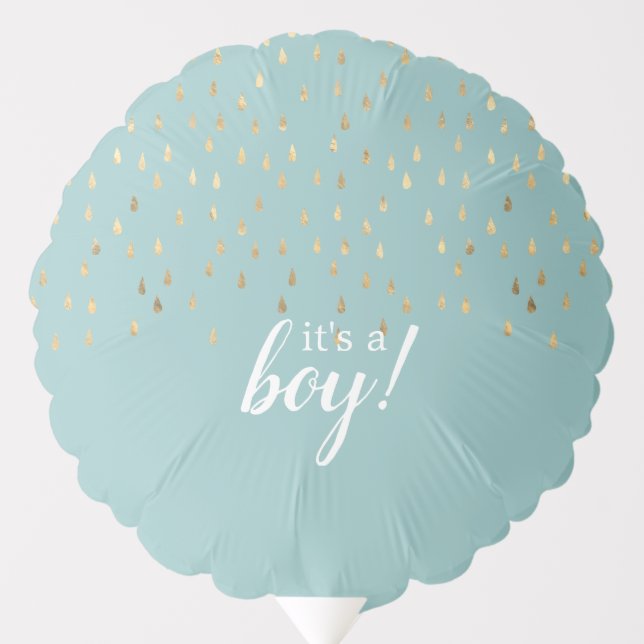 Elegant Baby Blue & Gold Raindrops Baby Shower Balloon (Front)