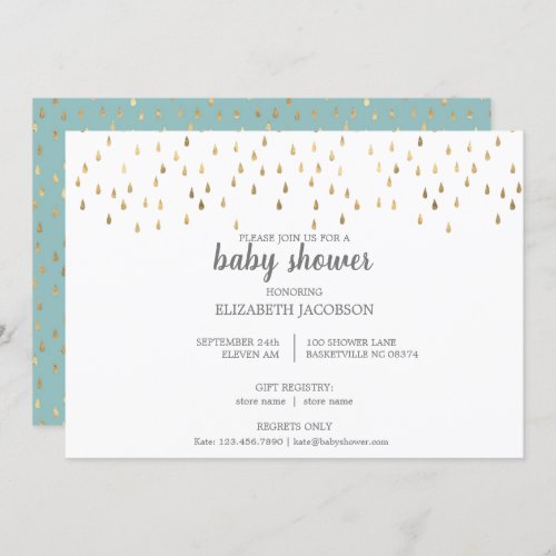 Elegant Baby Blue  Gold Raindrops Baby Shower Invitation