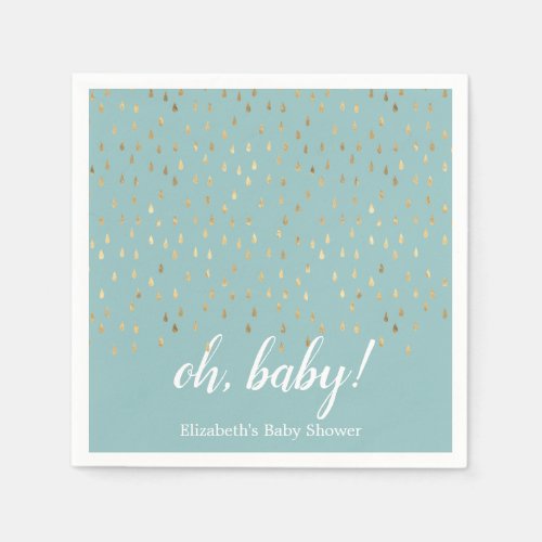Elegant Baby Blue  Gold Raindrops Baby Shower Napkins