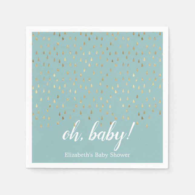 Elegant Baby Blue & Gold Raindrops Baby Shower Napkins (Front)
