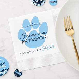 Elegant Baby Blue & Navy Graduation Pawprint Paper Napkins