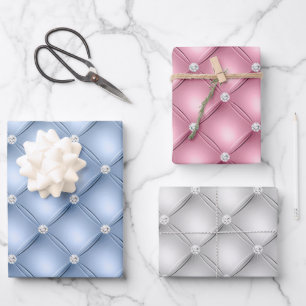 Elegant Baby Blue, Pink & White Diamond Tufted Wrapping Paper Sheets