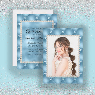 Elegant Baby Blue Quinceañera Photo Pearls Jewels Invitation
