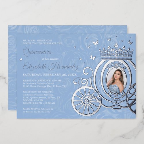 Elegant Baby Blue Quinceanera Princess Photo Foil  Foil Invitation