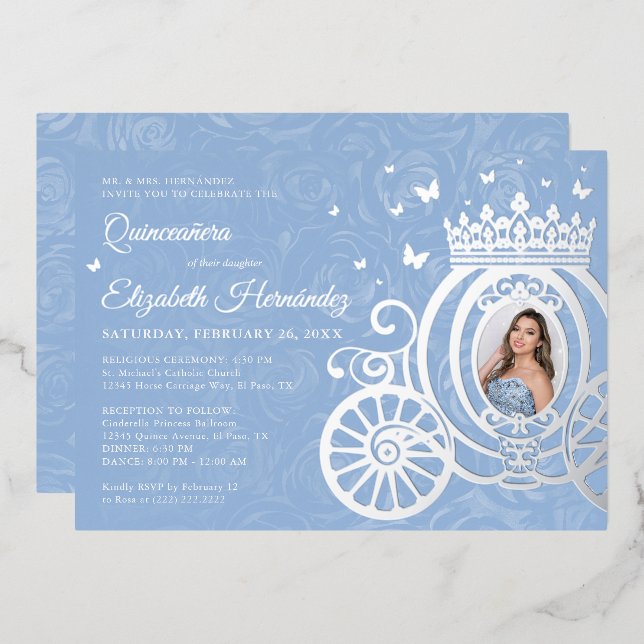 Elegant Baby Blue Quinceanera Princess Photo Foil  Foil Invitation (Front/Back)