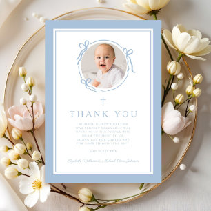 Elegant Baby Blue Religious Baptism Photo Thank You Card