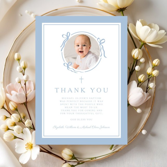 Elegant Baby Blue Religious Baptism Photo Thank You Card (Elegant Baby Blue Religious Baptism Photo Thank You Card)