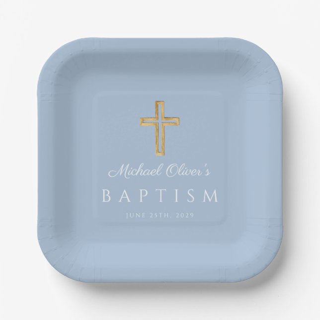 Elegant Baby Blue Religious Cross Boy Baptism Paper Plates (Front)