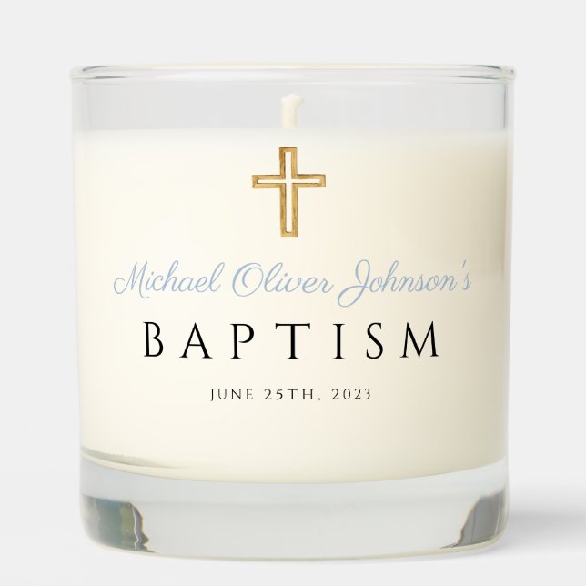 Elegant Baby Blue Religious Cross Boy Baptism Scented Candle (Front)