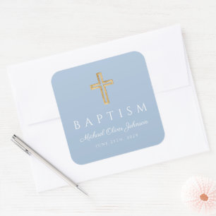 Elegant Baby Blue Religious Cross Boy Baptism Square Sticker