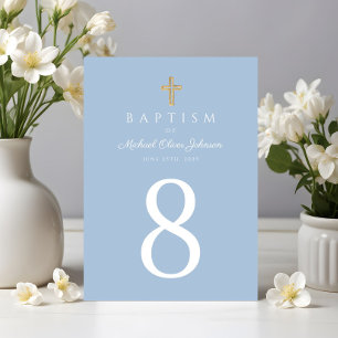 Elegant Baby Blue Religious Cross Boy Baptism Table Number