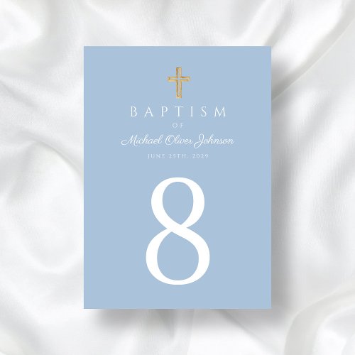 Elegant Baby Blue Religious Cross Boy Baptism Table Number