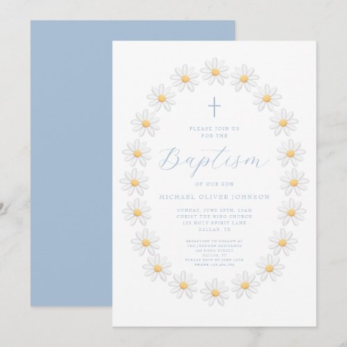 Elegant Baby Blue Script Floral Boy Baptism Invitation