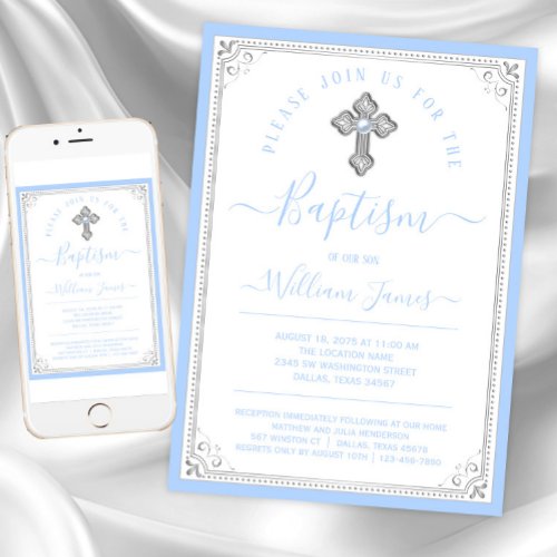 Elegant Baby Blue Silver Boy Baptism Invitation